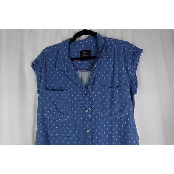 JACHS‎ Girlfriend Blue Shirt L Cottagecore Sleeveless Chambray Floral Blouse - Picture 4 of 6